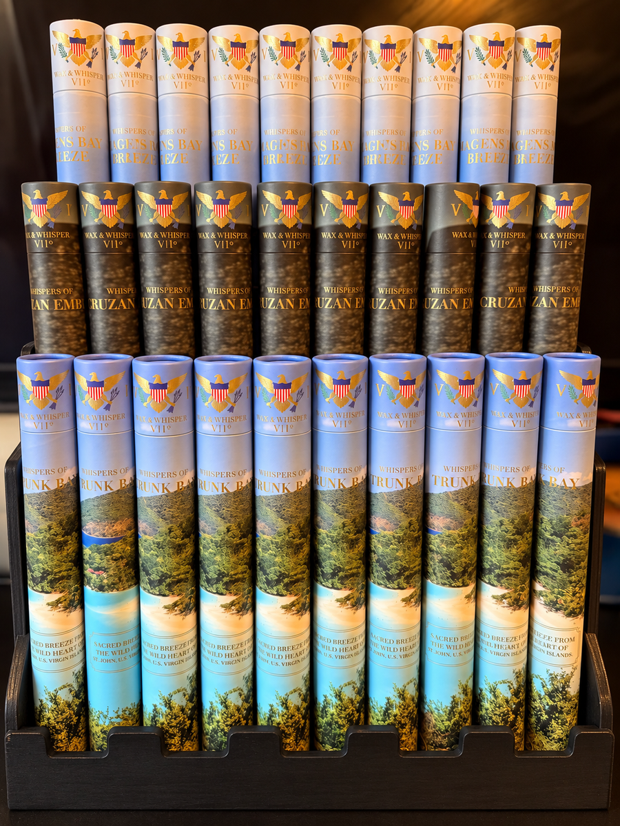 Wax N Whisper VI incense tube display featuring Magen’s Bay Breeze, Cruzan Ember, and Trunk Bay