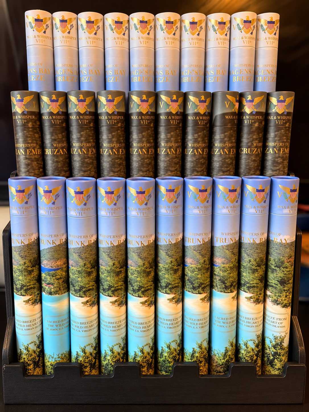 Wax N Whisper VI incense tube display featuring Magen’s Bay Breeze, Cruzan Ember, and Trunk Bay