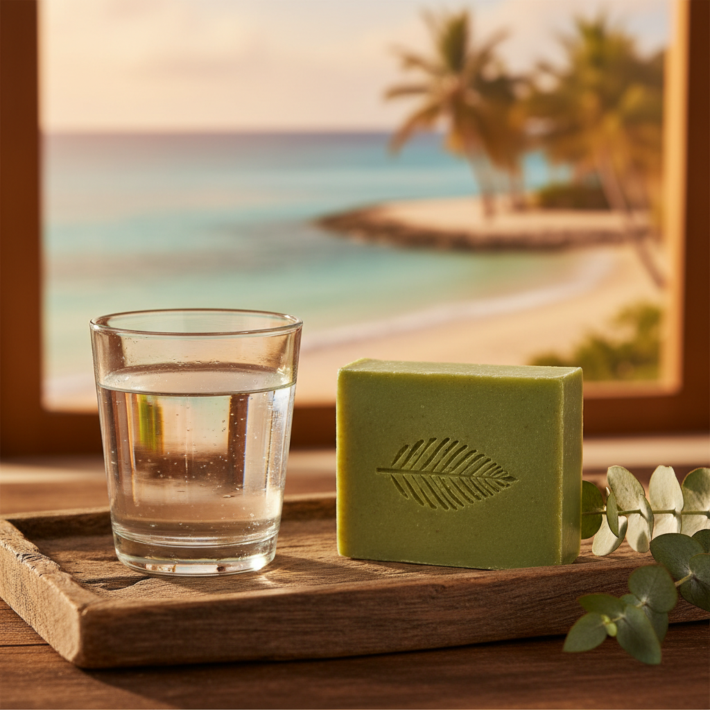 Forest & Cedar Bath Soap on wooden tray with eucalyptus, golden Caribbean coastal light