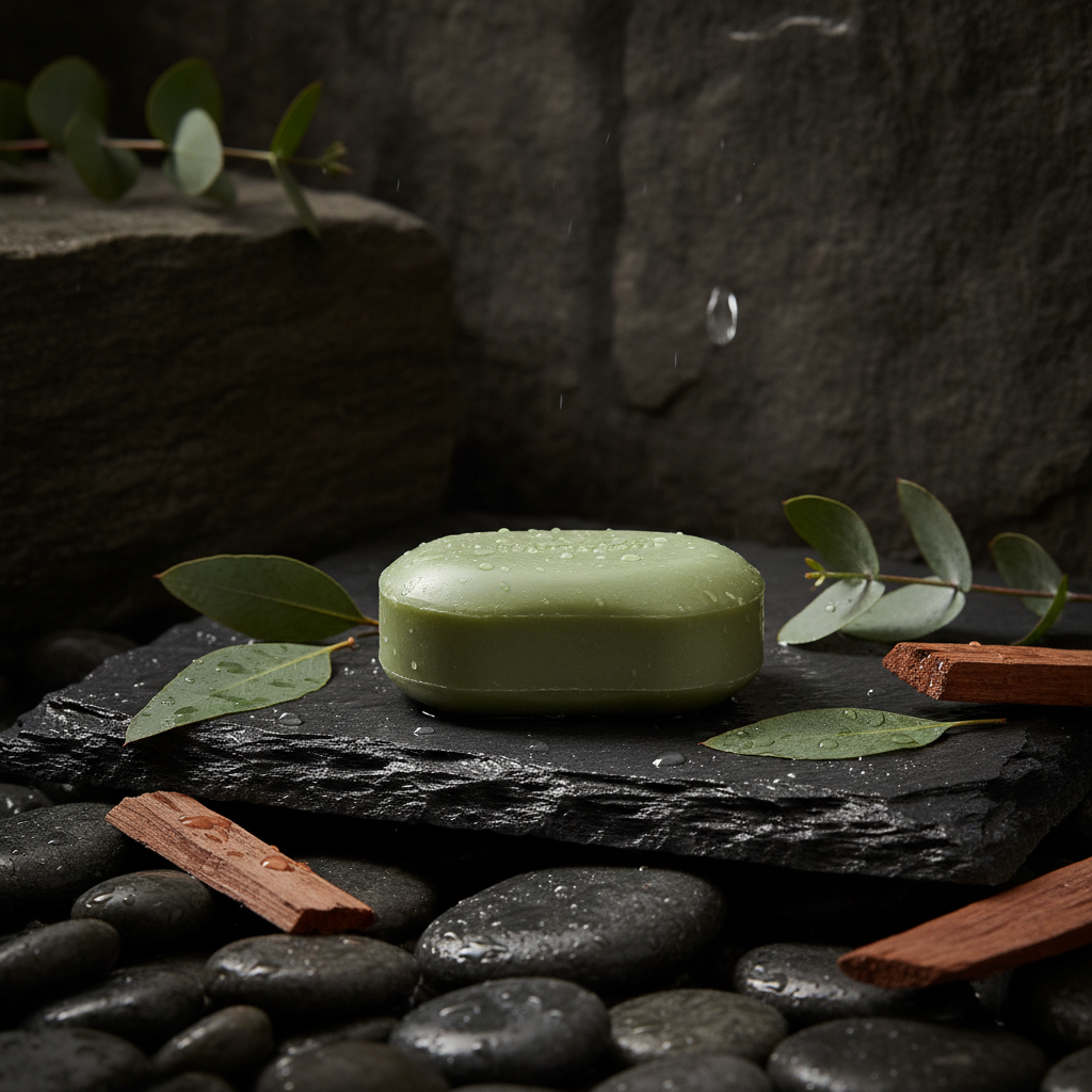 Forest & Cedar Bath Soap on dark wet stone with eucalyptus and cedar wood, moody lighting