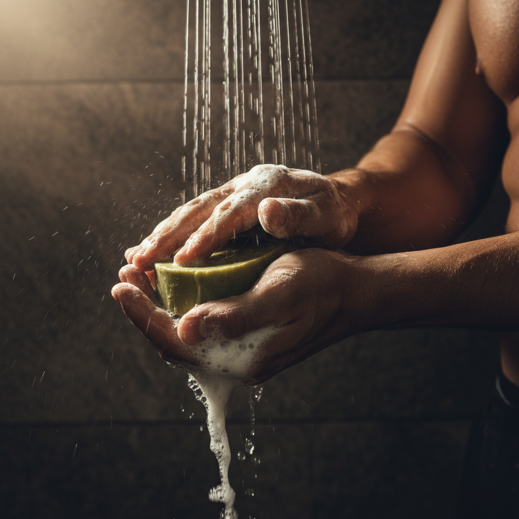 Man lathering Forest & Cedar Bath Soap in luxury rain shower, rich foam, cinematic lighting
